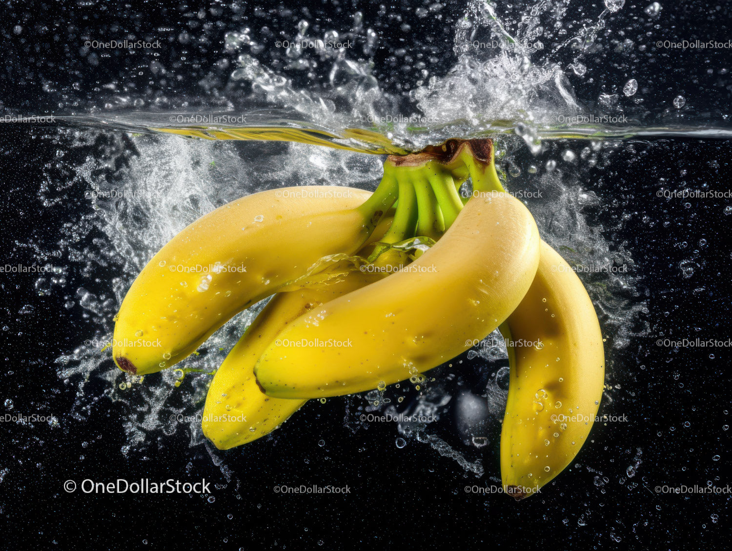 Fresh Yellow Banana Bunch Underwater Splash in Tropical Style