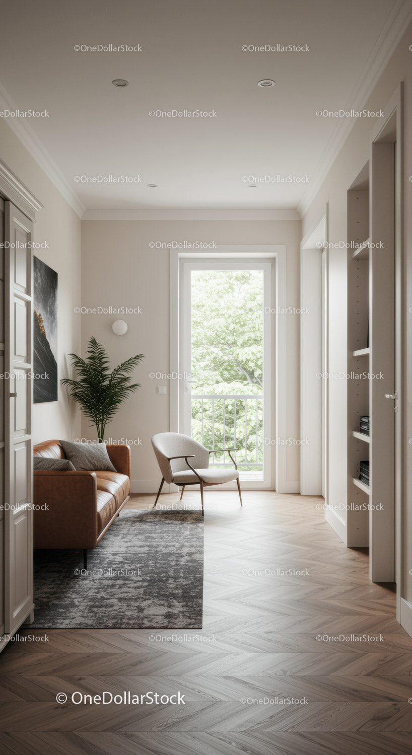 Minimalist living room with leather sofa and natural light