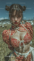 Young Woman in Traditional Red Kimono Posing Outdoors in a Scenic Field