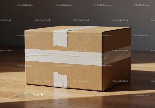 Sealed cardboard box on wooden floor with natural light JPG Mockup Image