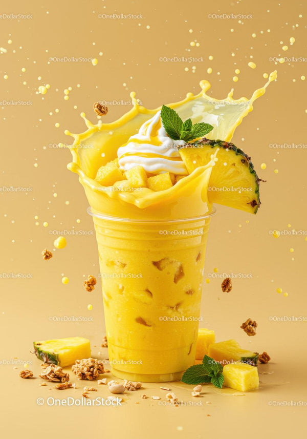 Refreshing Pineapple Smoothie with Cream and Granola Splash