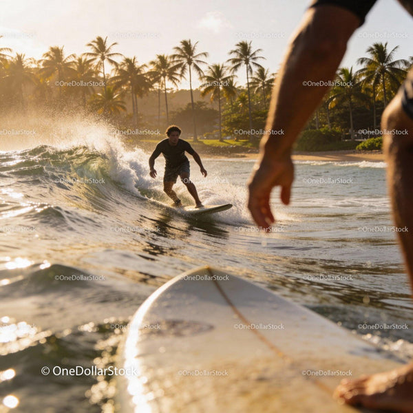 Surfers catching waves at golden hour by tropical shore