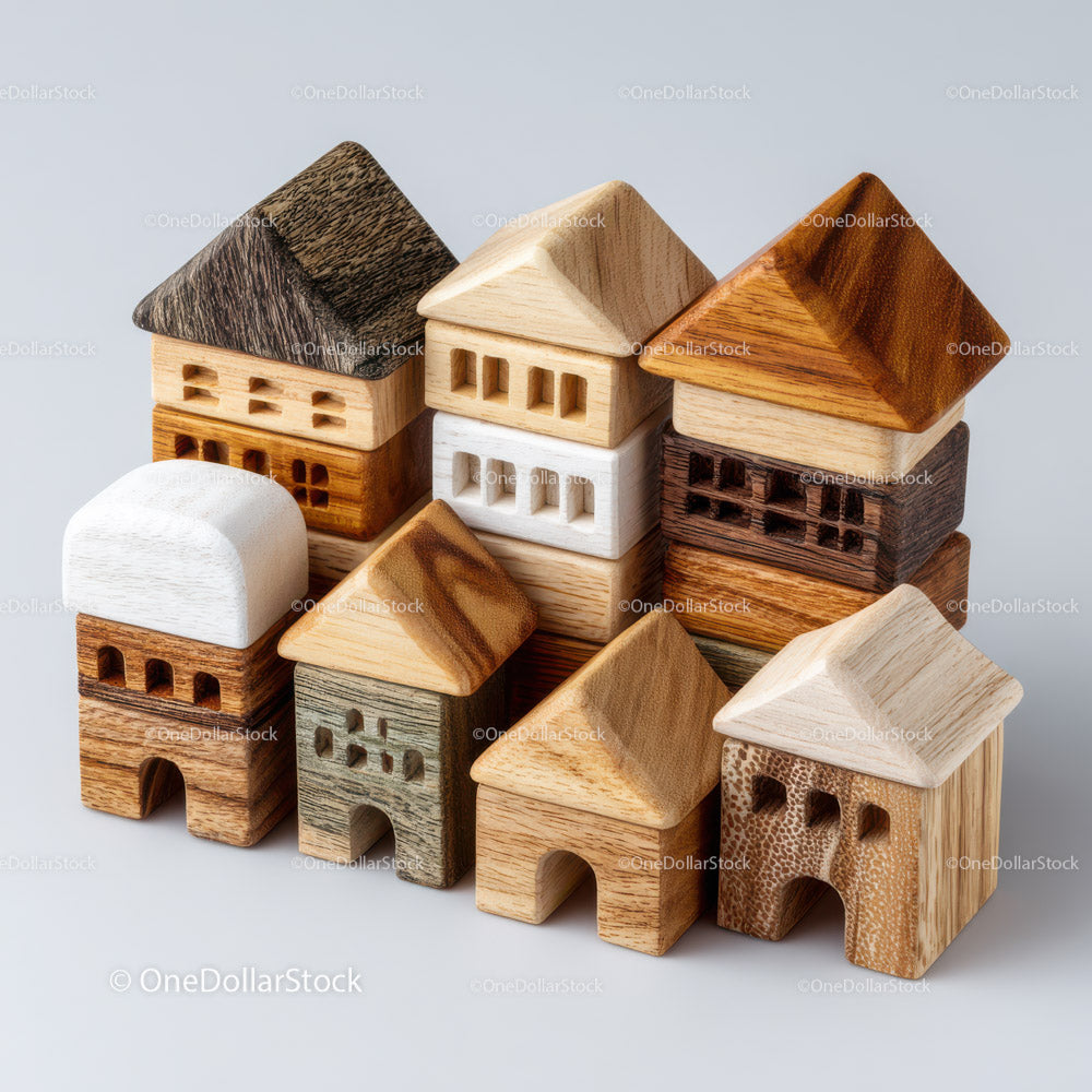 Set of Wooden Miniature House Models for Collectors and Decor
