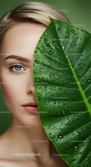 Close-up of a Woman's Face with a Large Green Leaf and Water Droplets
