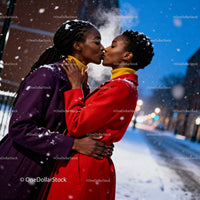 LGBTQ Couple Sharing a Tender Kiss in Snowy Evening