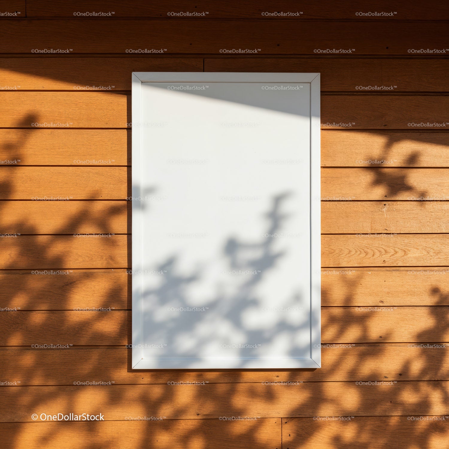 Blank white board on wooden wall with natural shadows