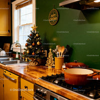 Cozy kitchen corner decorated with Christmas tree and utensils