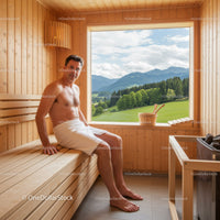 Man Relaxing in Wooden Sauna with Mountain View and Scenic Landscape