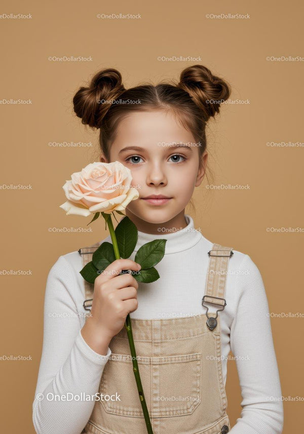 Young Girl Holding a Beautiful Pale Pink Rose Against Beige Background