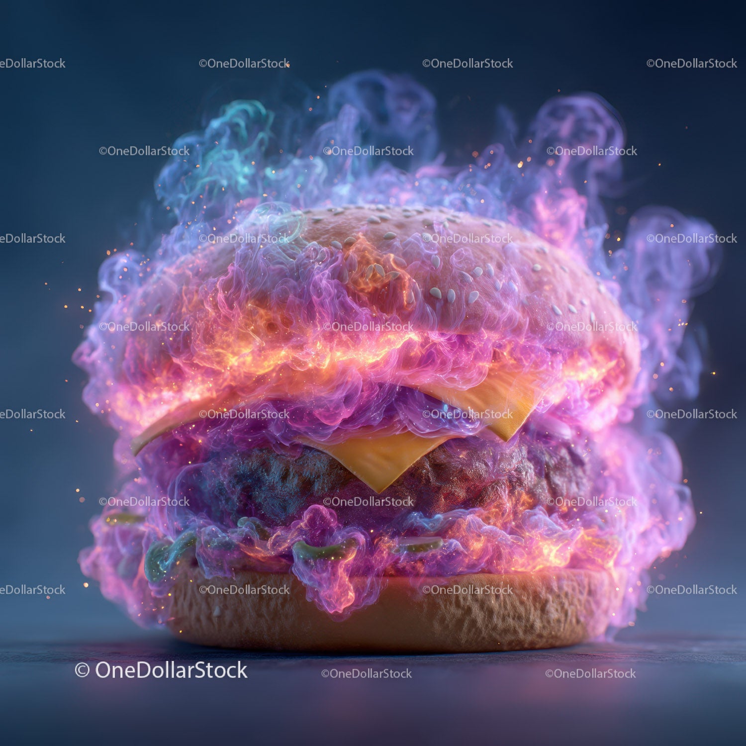 Świecący burger fantasy z efektami neonowego dymu