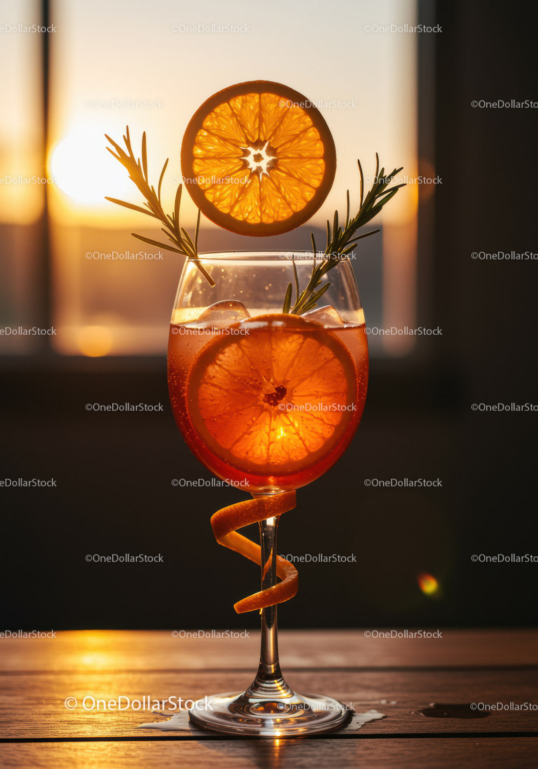 Refreshing Orange Cocktail with Rosemary at Sunset