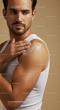Man Applying Sunscreen Lotion for Skin Protection in a Studio Setting