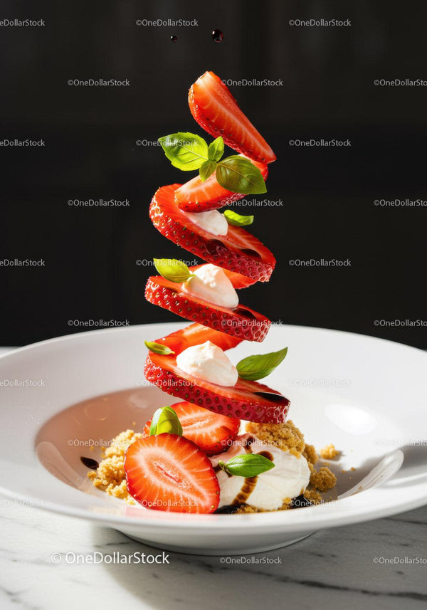 Flying strawberry slices with cream and fresh basil
