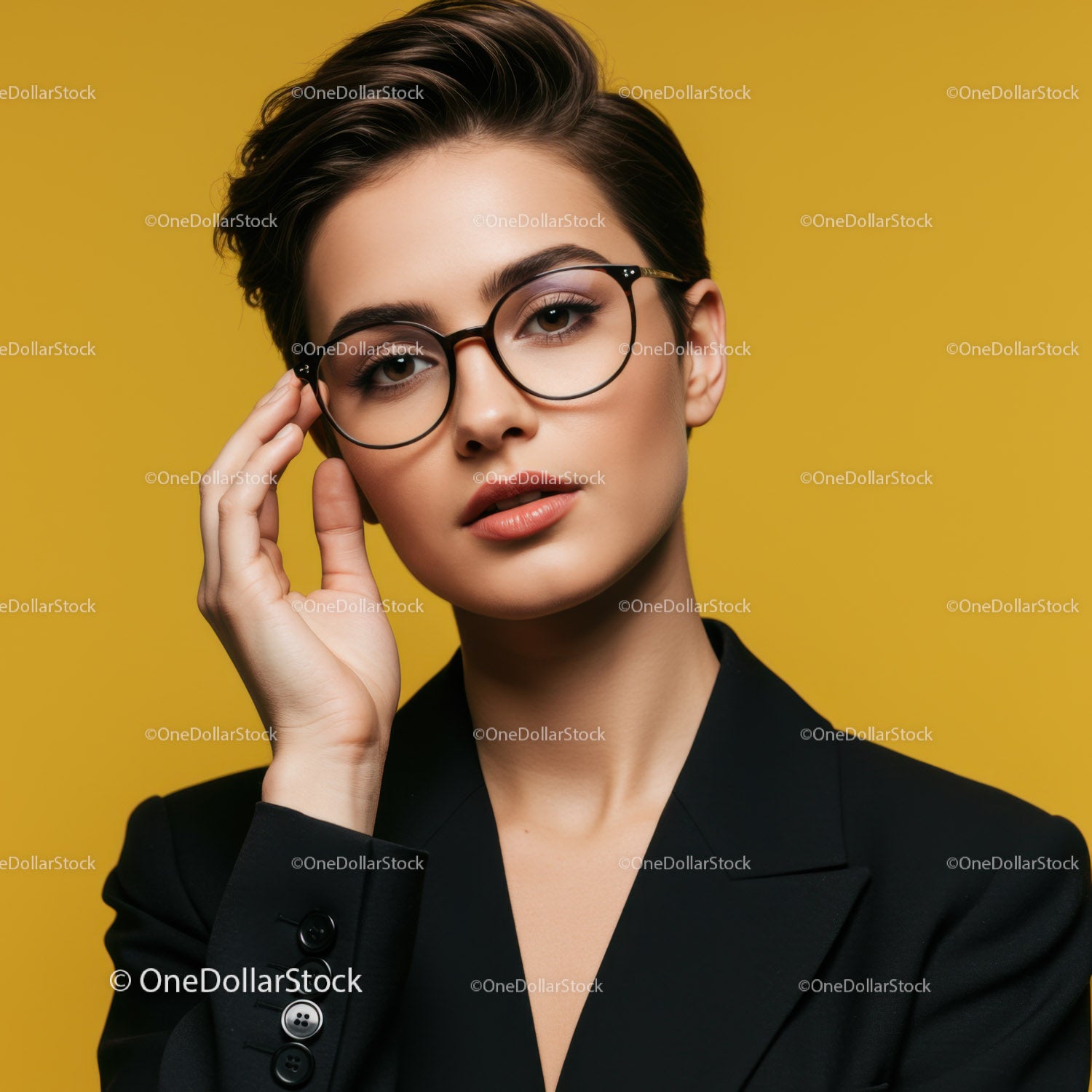 Elegant Woman with Glasses in Fashionable Portrait on Yellow Background