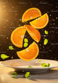 Fresh orange slices and mint leaves floating above plate