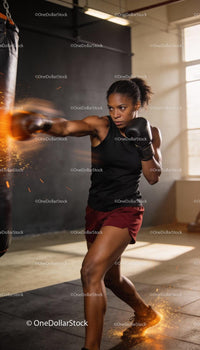 Focused athlete throwing powerful punch in gym