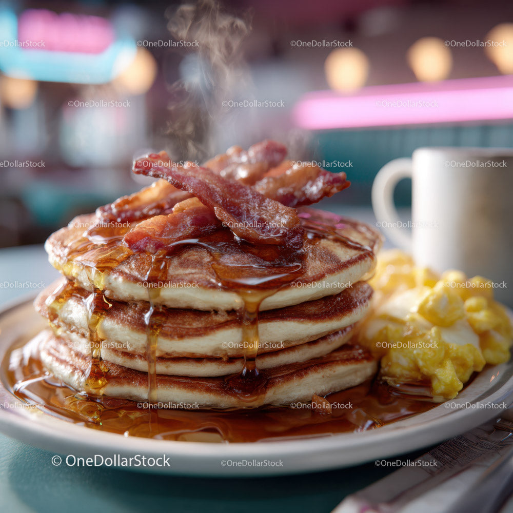 Stack of Fluffy Pancakes with Bacon and Syrup in Cozy Breakfast Setting