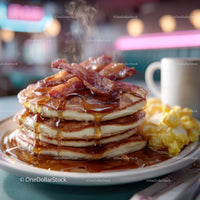 Stack of Fluffy Pancakes with Bacon and Syrup in Cozy Breakfast Setting