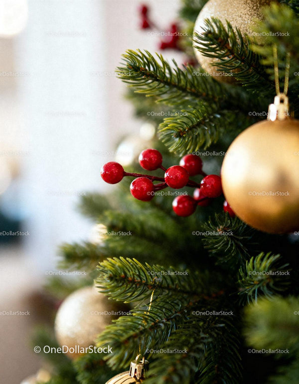 Close-up of Christmas tree with golden baubles and red berries
