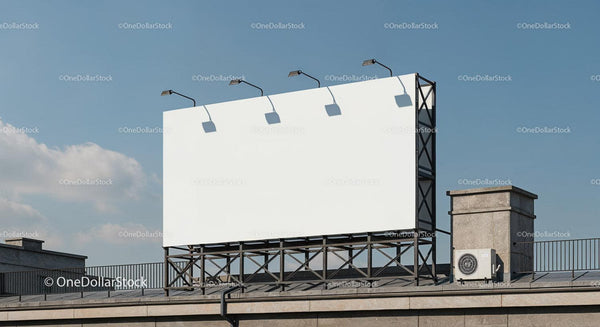 Blank Billboard Mounted on Rooftop Under Clear Sky JPG Mockup Image