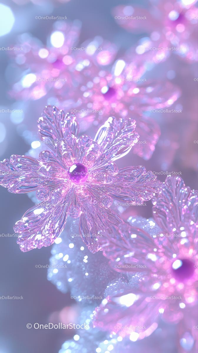 Pink Glass Flower Ornaments Macro Art with Sparkling Crystals