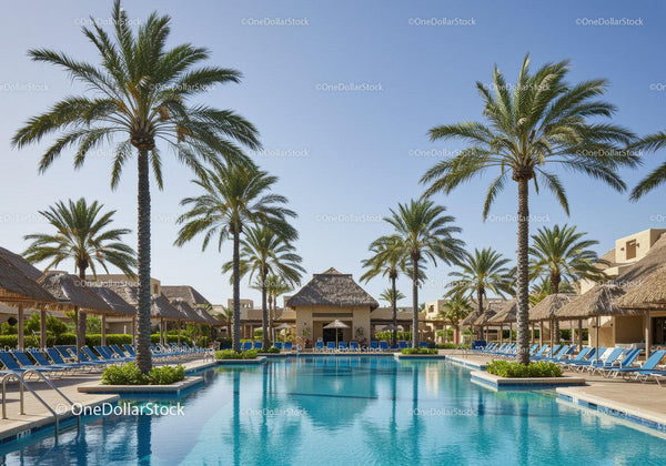 Tropical Resort with Palm Trees and Pool in Sunny Paradise
