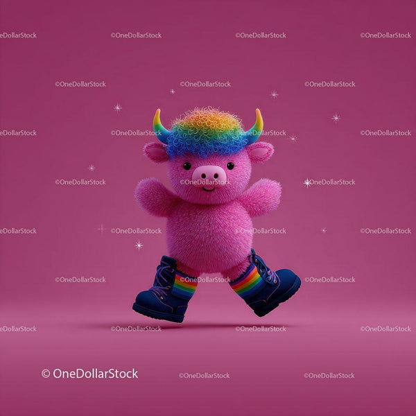 Furry Pink Bull With Rainbow Hair And Boots