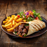 Steak and Chicken Wrap with Salad and Fries on Rustic Wooden Table