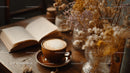 Dried Flowers in Amber Jar with Coffee and Open Book
