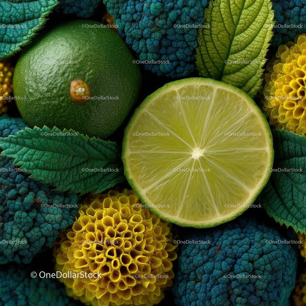 Vibrant Arrangement of Fresh Green Limes and Colorful Botanicals