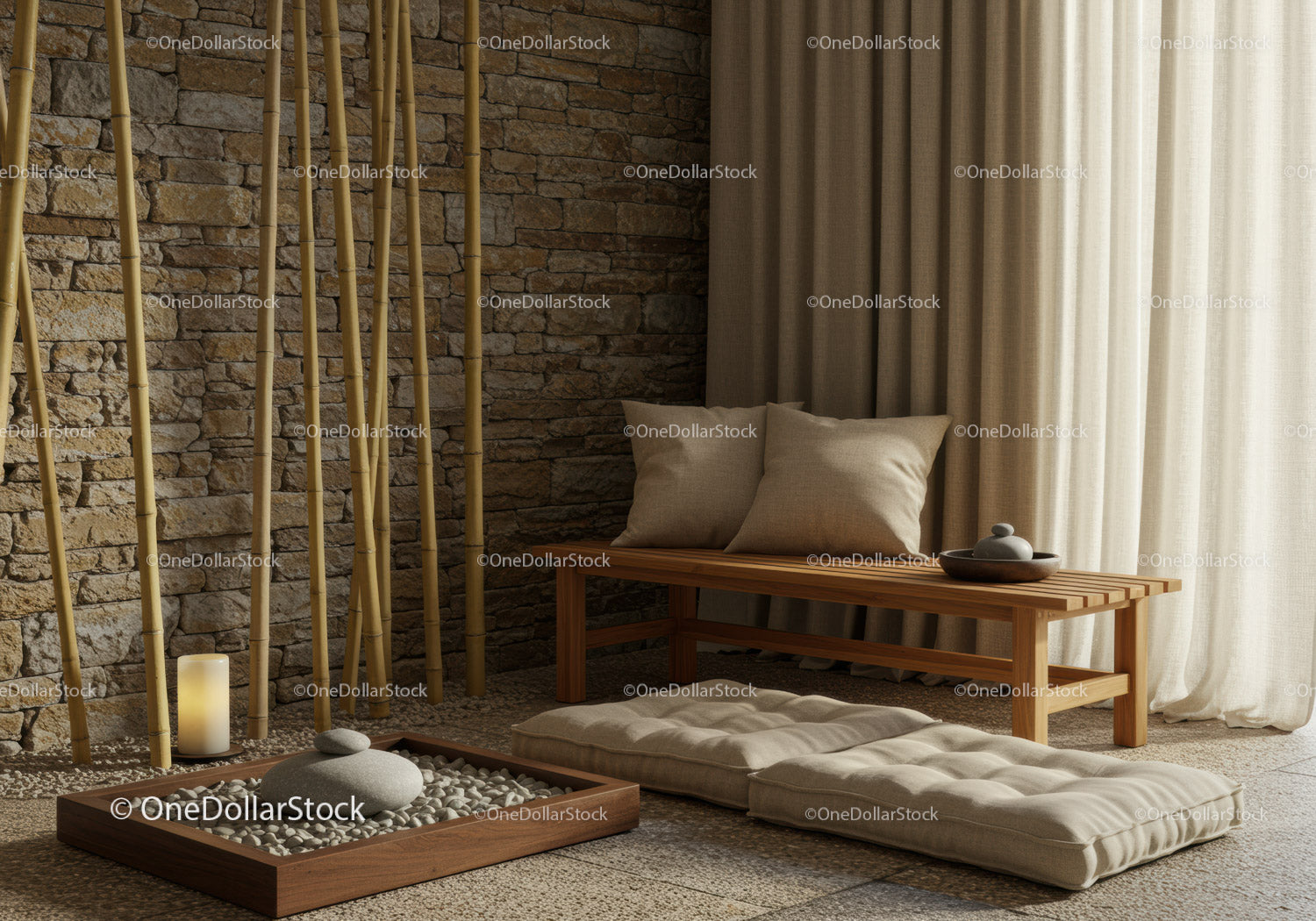 Minimalistyczny kącik wypoczynkowy inspirowany stylem zen, z naturalnymi elementami