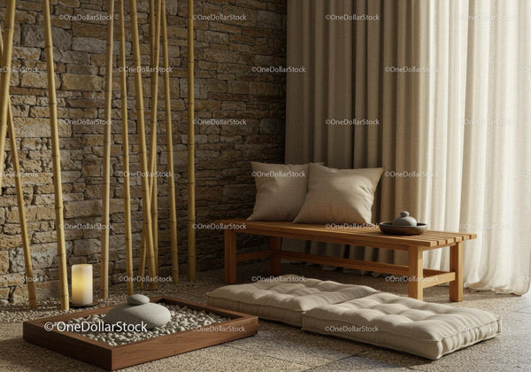 Zen-inspired minimalist sitting area with natural elements