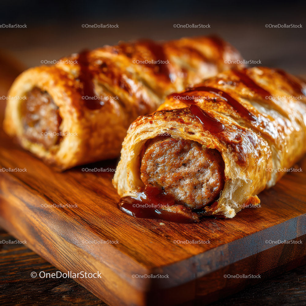 Sausage Roll with Ketchup on Rustic Wooden Board