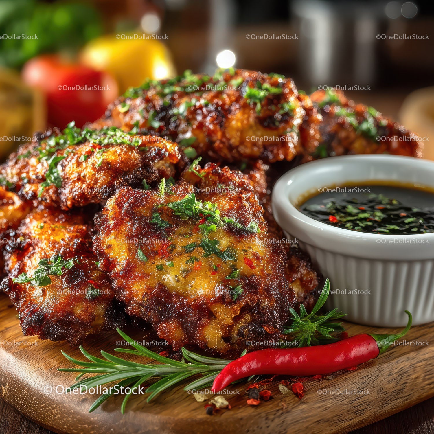 Crispy Fried Chicken Wings with Spicy Dipping Sauce and Fresh Garnishes