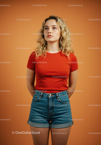 Young woman wearing red shirt posing on orange background