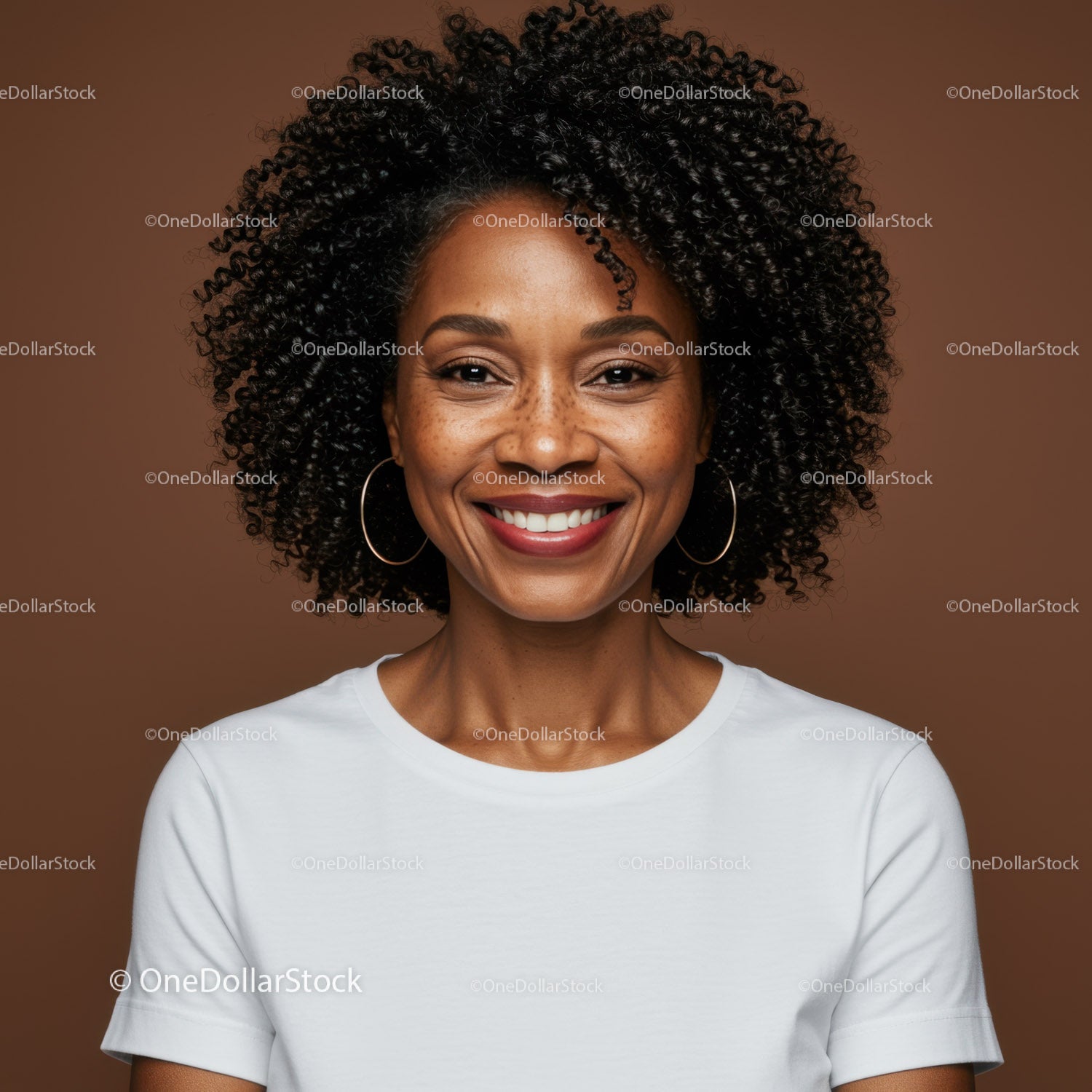 Portrait of a Smiling Woman with Curly Hair and Hoop Earrings