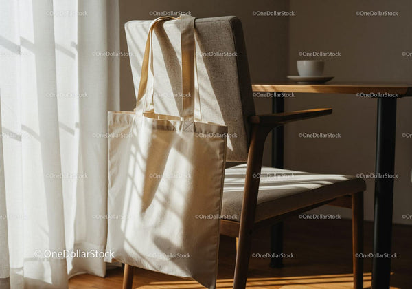 Canvas tote bag hanging on chair in warm sunlight JPG Mockup Image
