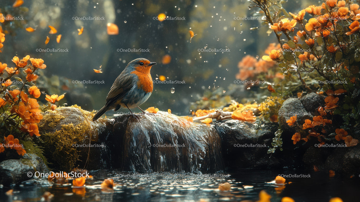 Robin Bird on Waterfall with Orange Flowers in a Tranquil Stream