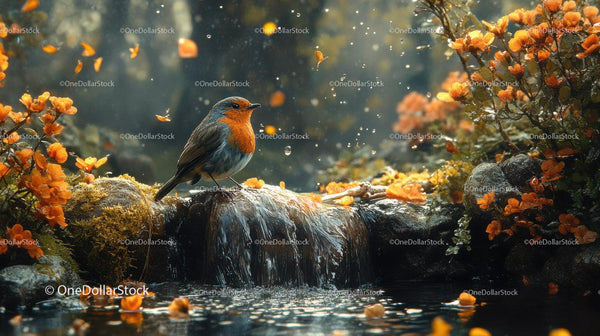 Small Bird Perched On Mossy Waterfall With Orange Flowers