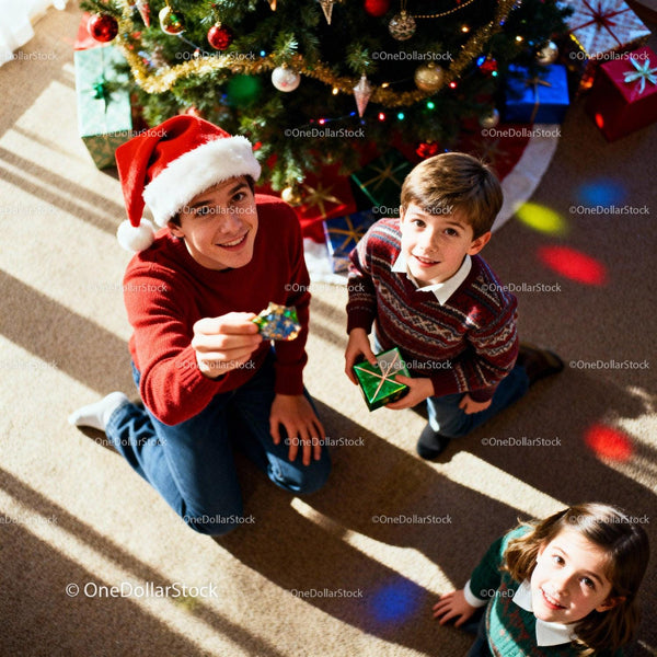 Children enjoying Christmas gifts by decorated tree