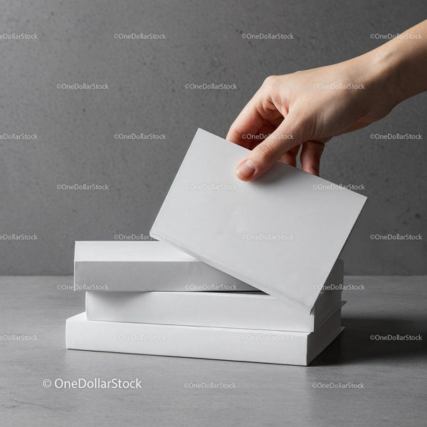 Hand Reaching for a Blank White Book on Stack JPG Mockup Image