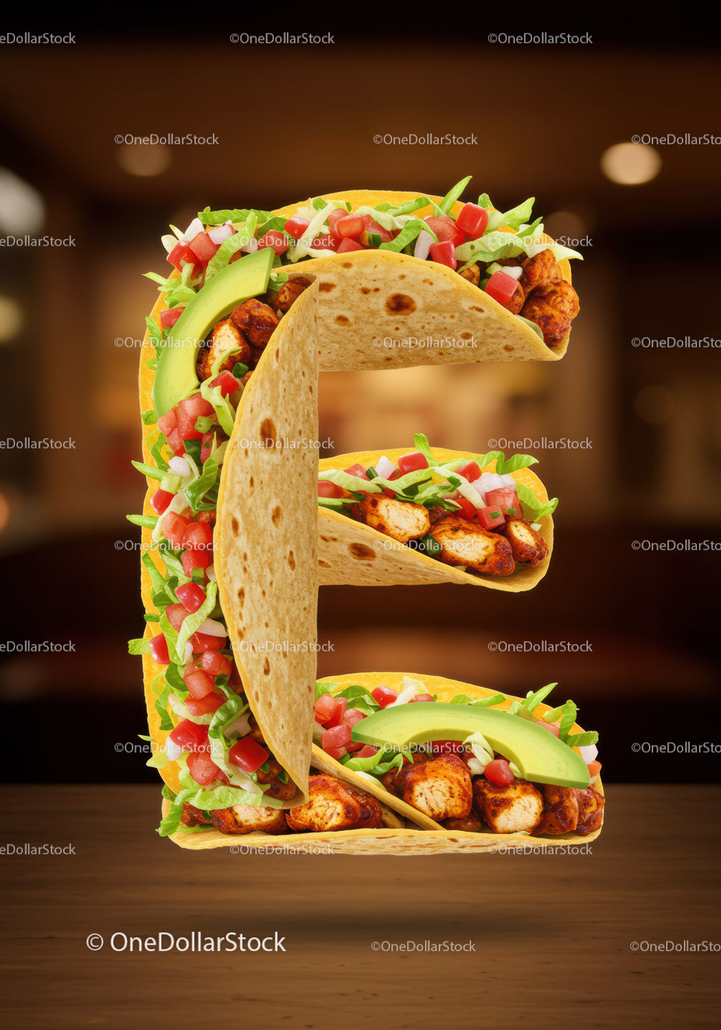 Taco shaped letter E with fresh ingredients