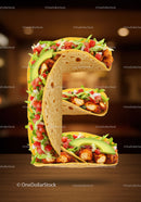 Taco shaped letter E with fresh ingredients