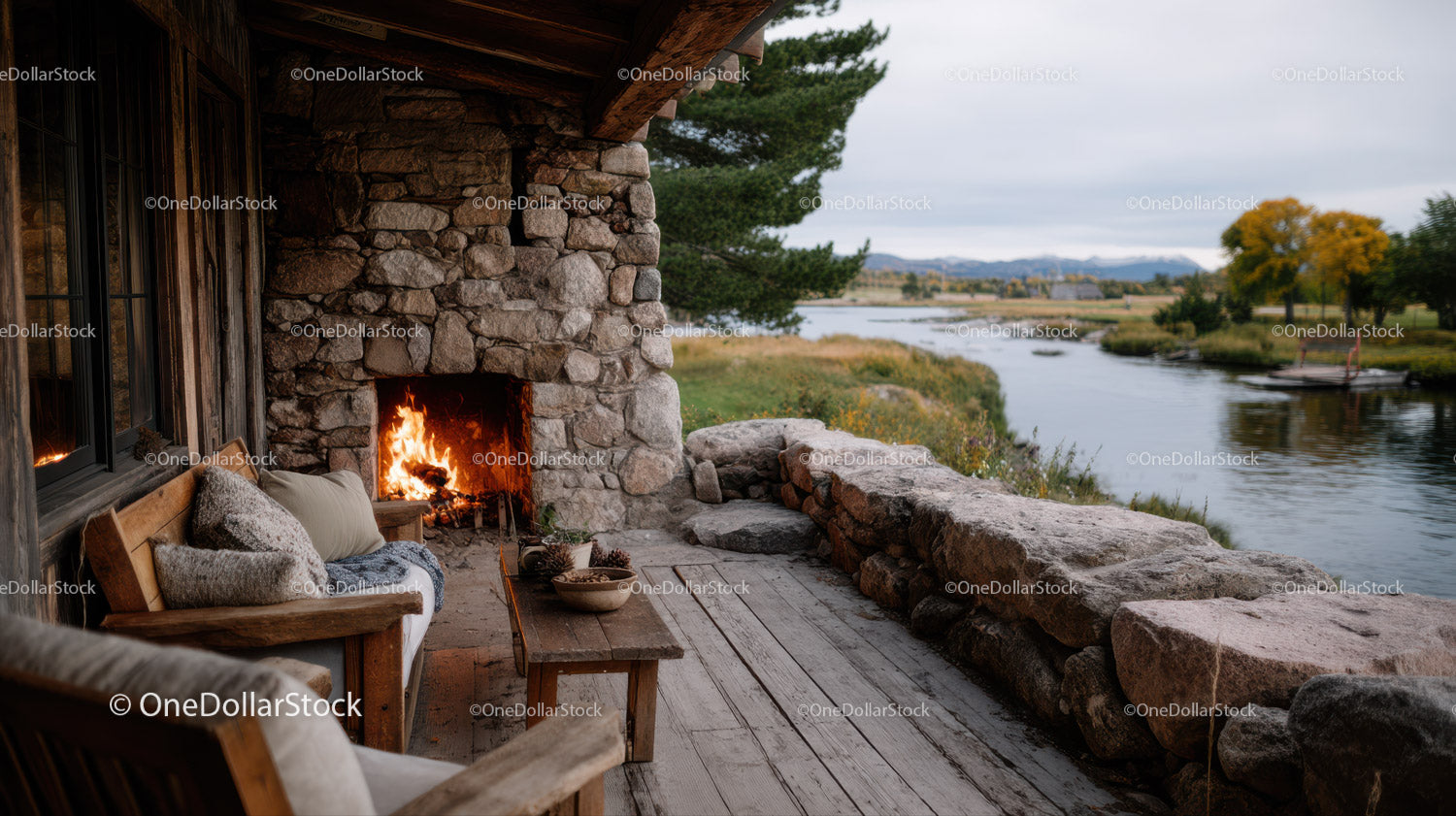 Lakeside Rustic Patio with Fireplace and Scenic River View