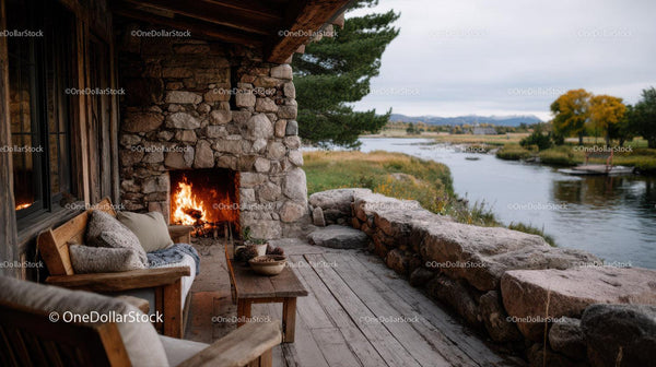Lakeside Rustic Patio with Fireplace and Scenic River View