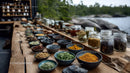 Herbal Collection in Jars and Bowls by Lake for Natural Remedies