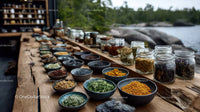 Herbal Collection in Jars and Bowls by Lake for Natural Remedies