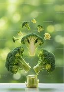 Floating broccoli florets with fresh vegetable stem
