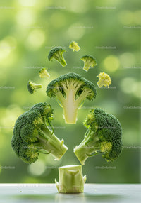 Floating broccoli florets with fresh vegetable stem
