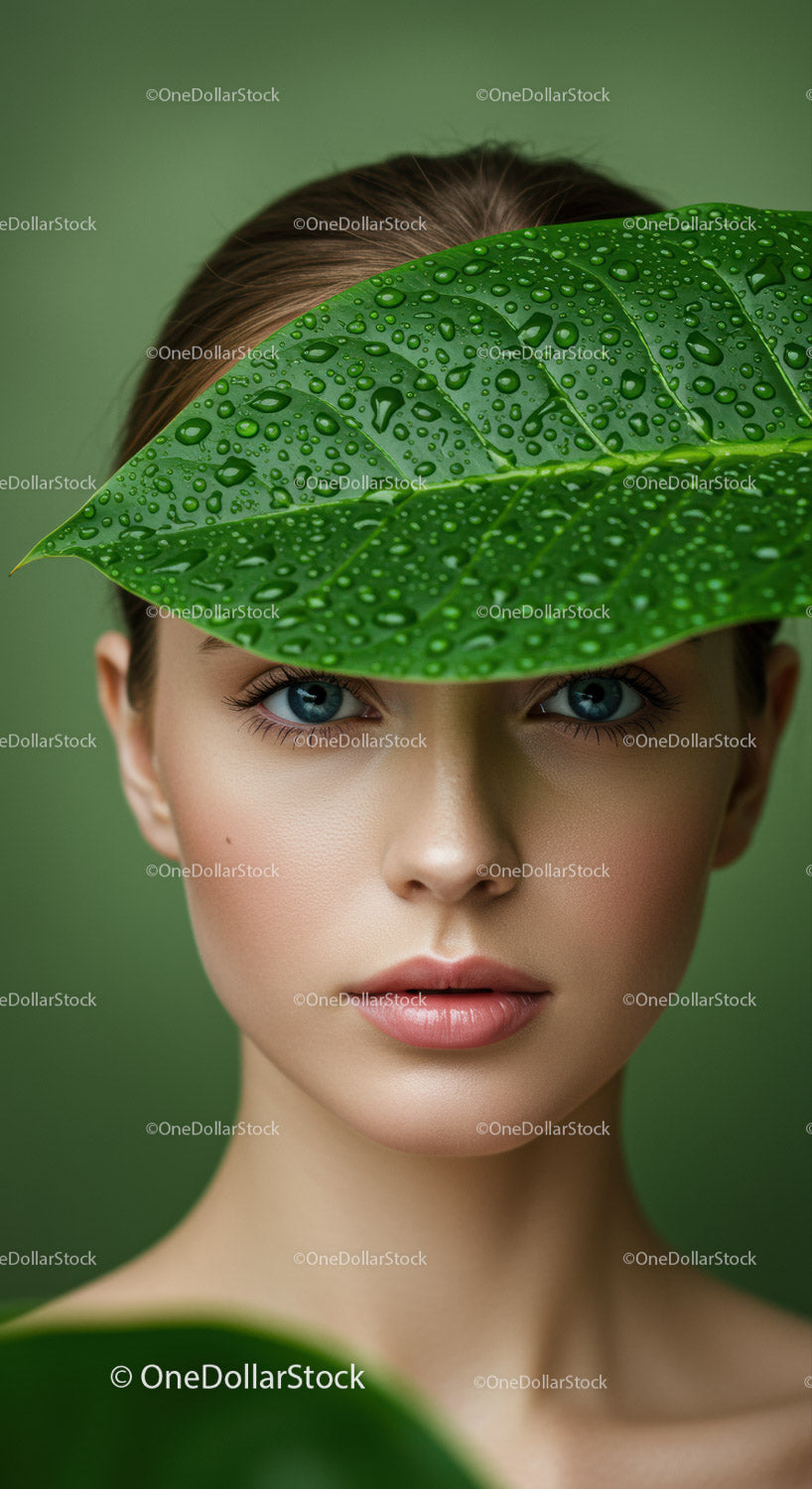 Close-up Beauty Portrait of a Woman with Green Leaf and Water Droplets
